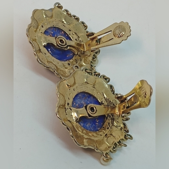 * vintage gorgeous blue w/gold flecks art glass faux pearl clip on earrings - Picture 5 of 5